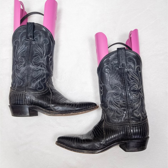 Black Lizard Leather Western Boots Snip Toe Dan Postβ Y2K Cowboy 7.5 - Picture 2 of 9